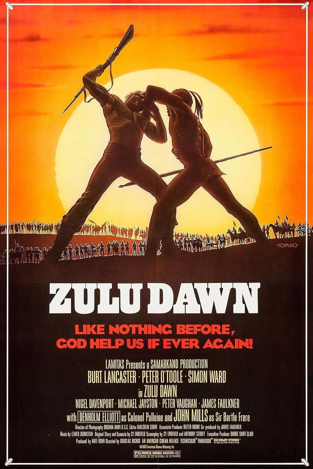 Silhouetted warriors fighting at sunrise, "Zulu Dawn".