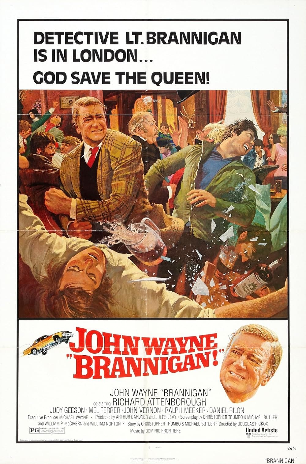 A vintage movie poster for "Brannigan" featuring John Wayne in action.