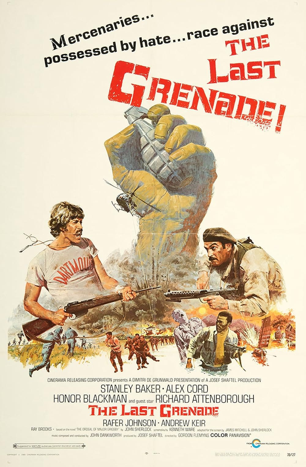 Vintage war poster showing soldiers and a giant fist crushing a grenade.