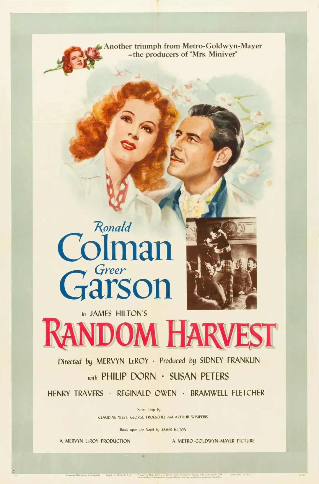 Vintage "Random Harvest" movie poster illustration.