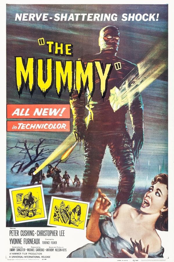 Vintage "The Mummy" movie poster, dramatic scene.