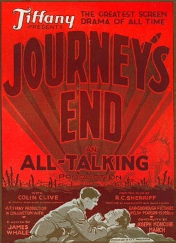 Journey's End" vintage film poster, red background.