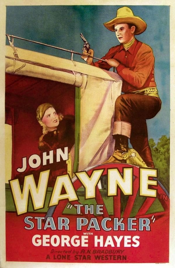 Vintage western movie poster with cowboy scene.