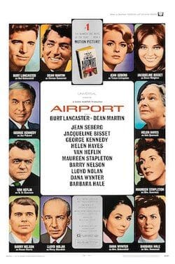 Airport movie poster with cast portraits.