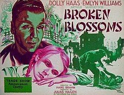 Vintage Broken Blossoms movie poster, colorful illustration.