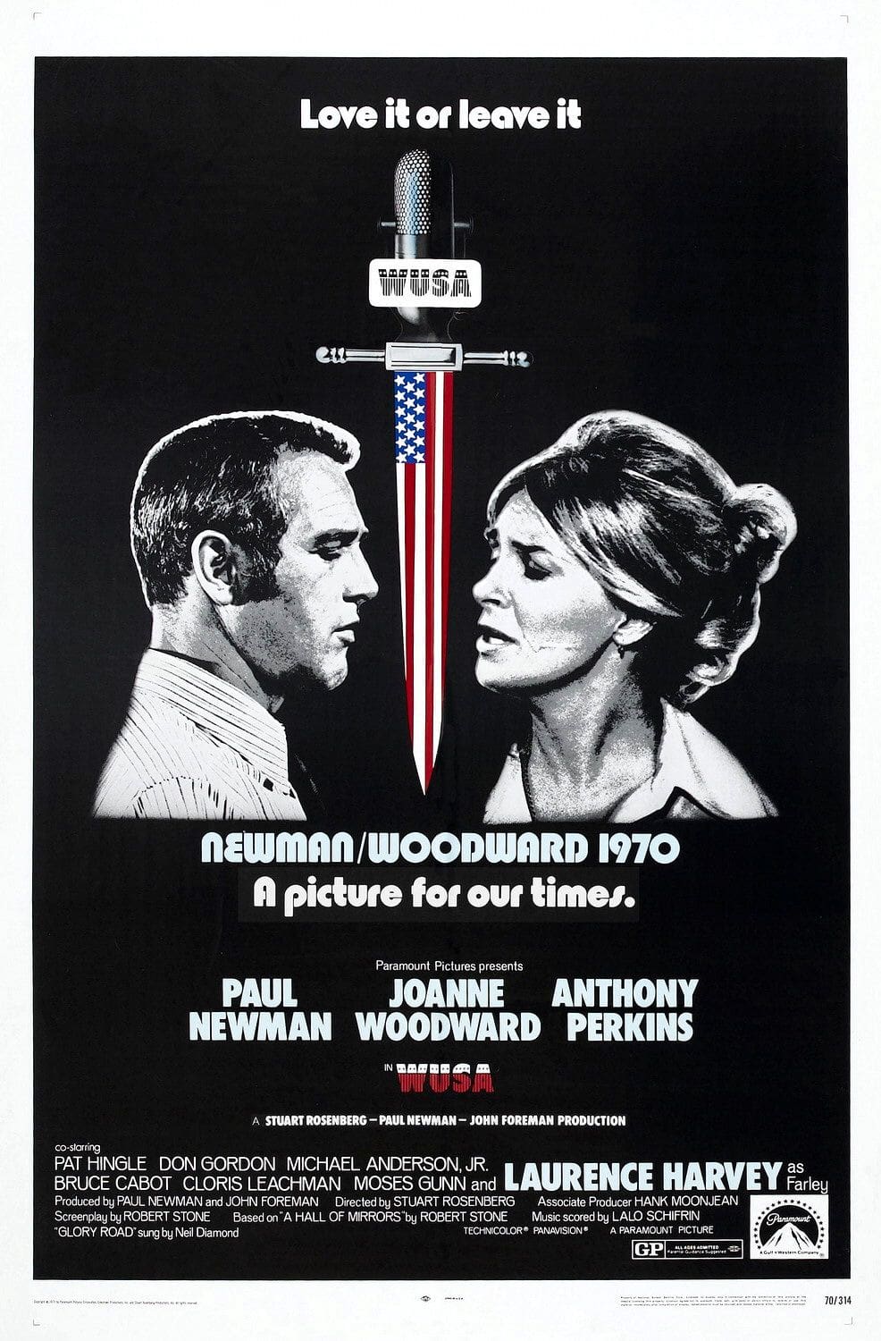 Retro movie poster featuring Paul Newman and Joanne Woodward with a dramatic sword graphic.