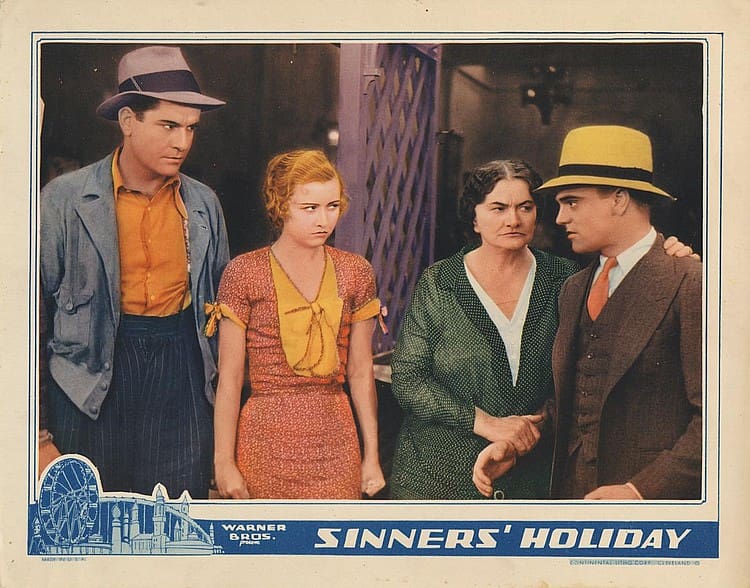Vintage movie scene with four characters in period costumes.