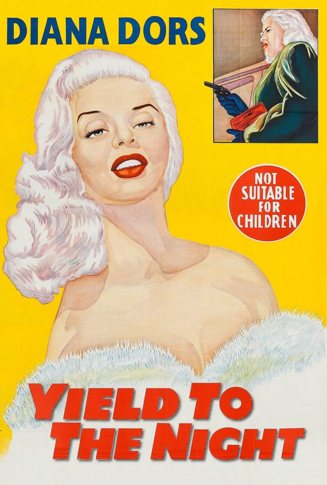 Vintage pin-up style poster with a glamorous woman and caution text.