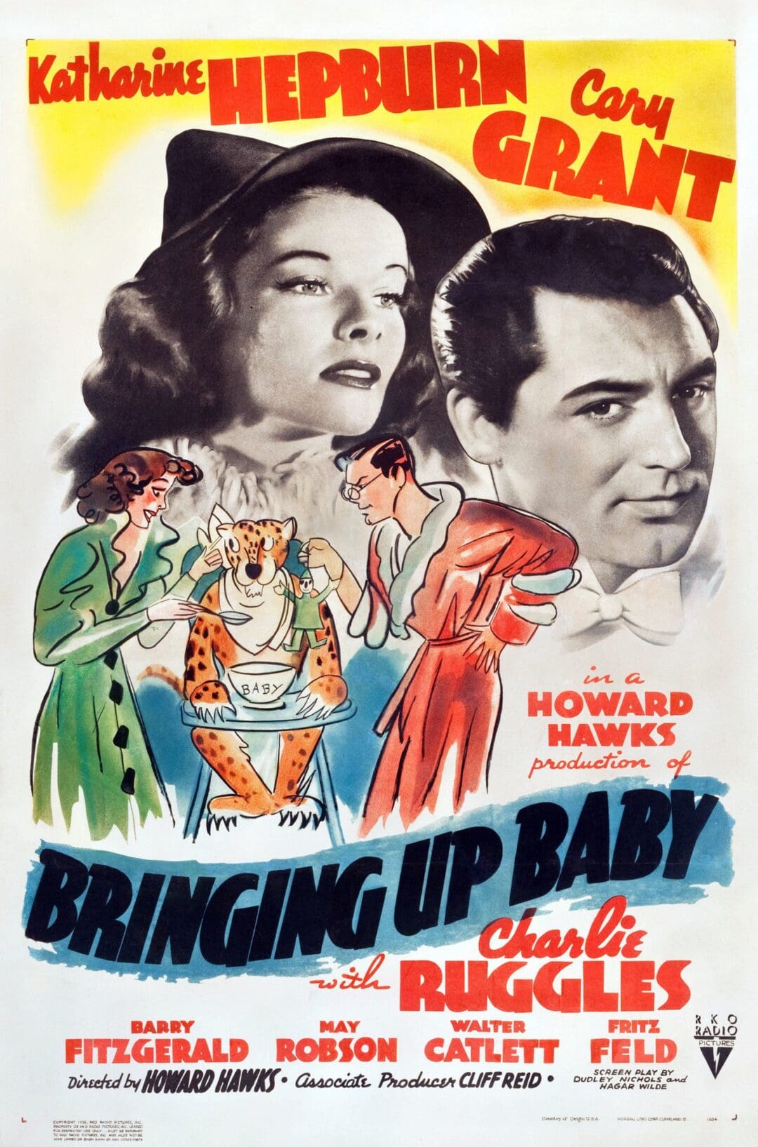 Classic movie poster of "Bringing Up Baby" featuring two main characters.