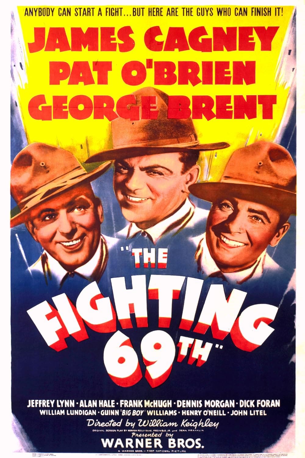 Three men in hats smiling on a vintage movie poster for 'Fighting 69th'.