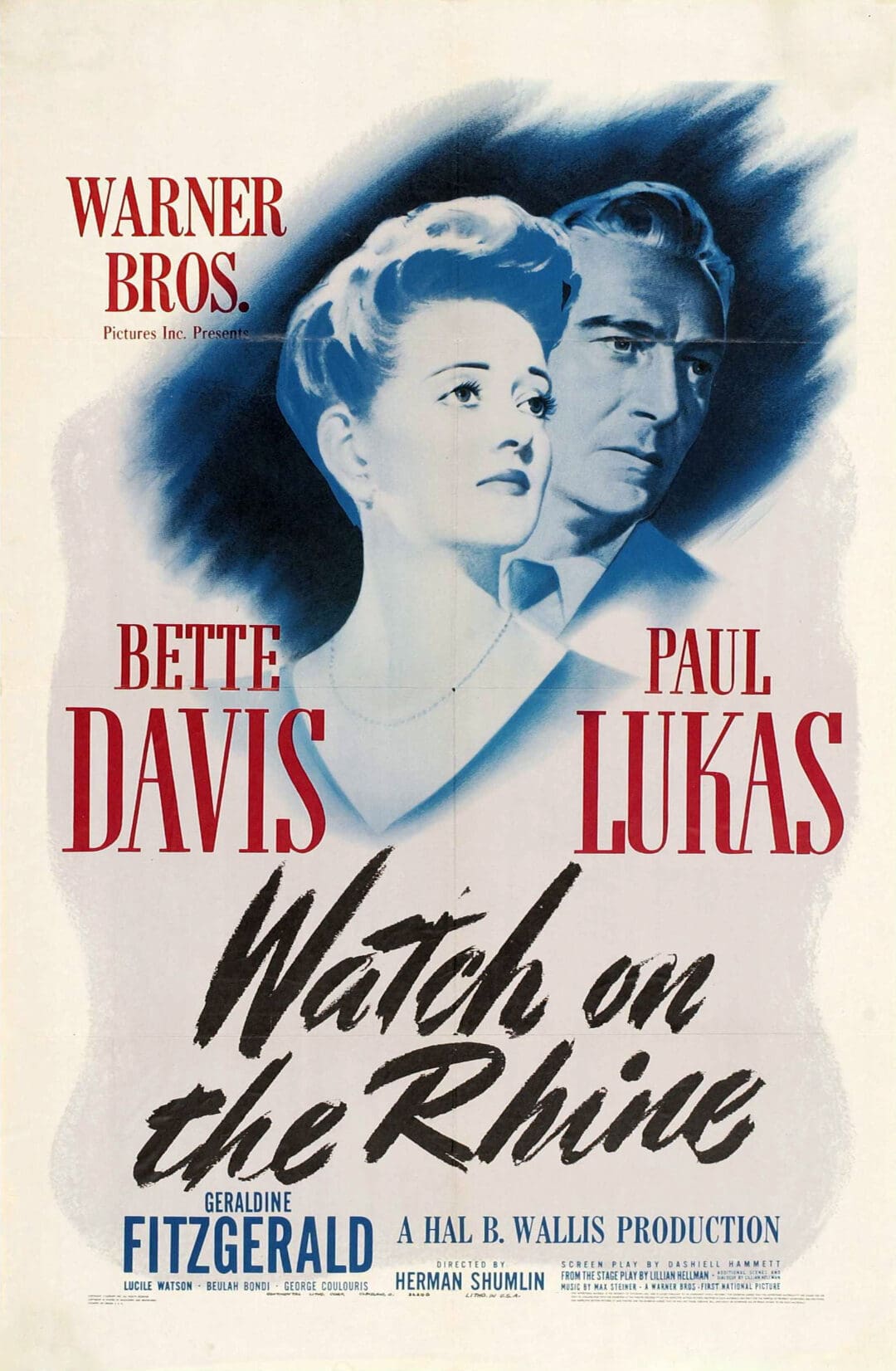 Classic film poster featuring Bette Davis and Paul Lukas in Watch on the Rhine.