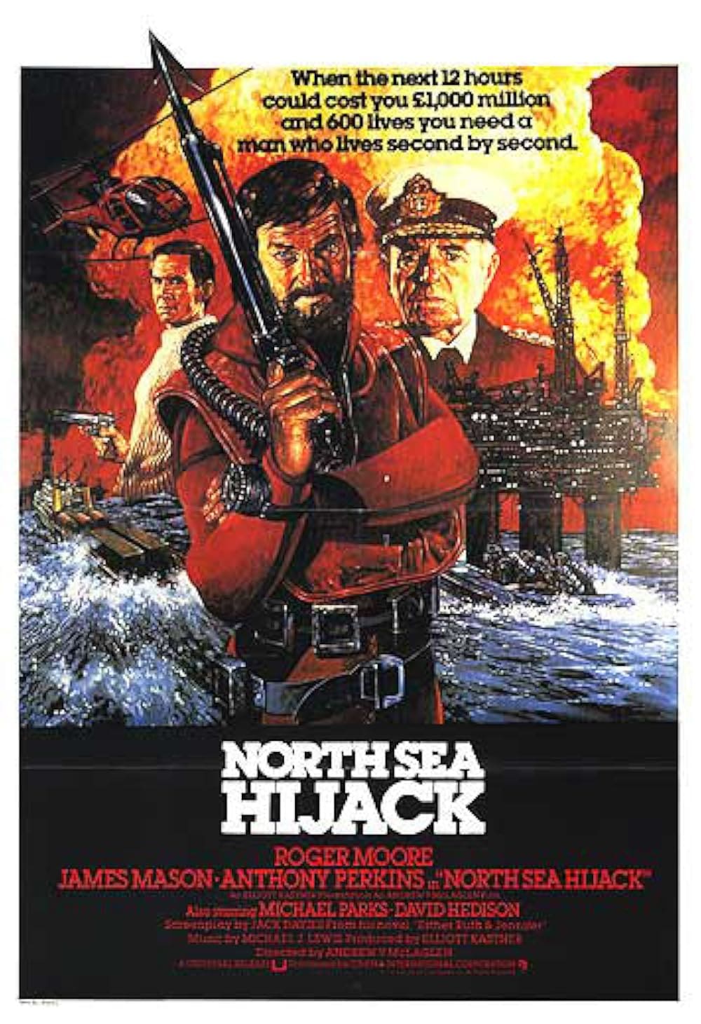 Movie poster of North Sea Hijack with armed men and a ship.