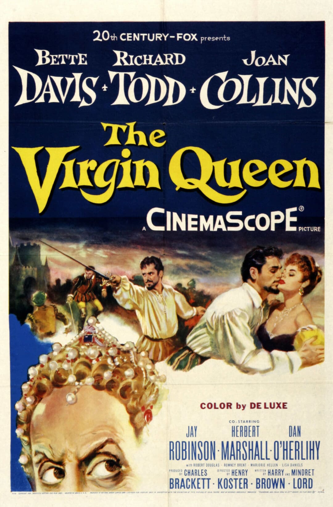 Vintage movie poster for 'The Virgin Queen' with dramatic characters.