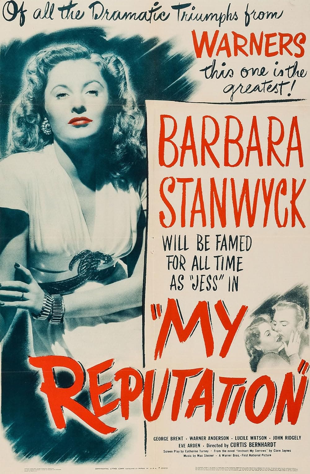 Vintage movie poster featuring Barbara Stanwyck in 'My Reputation'.