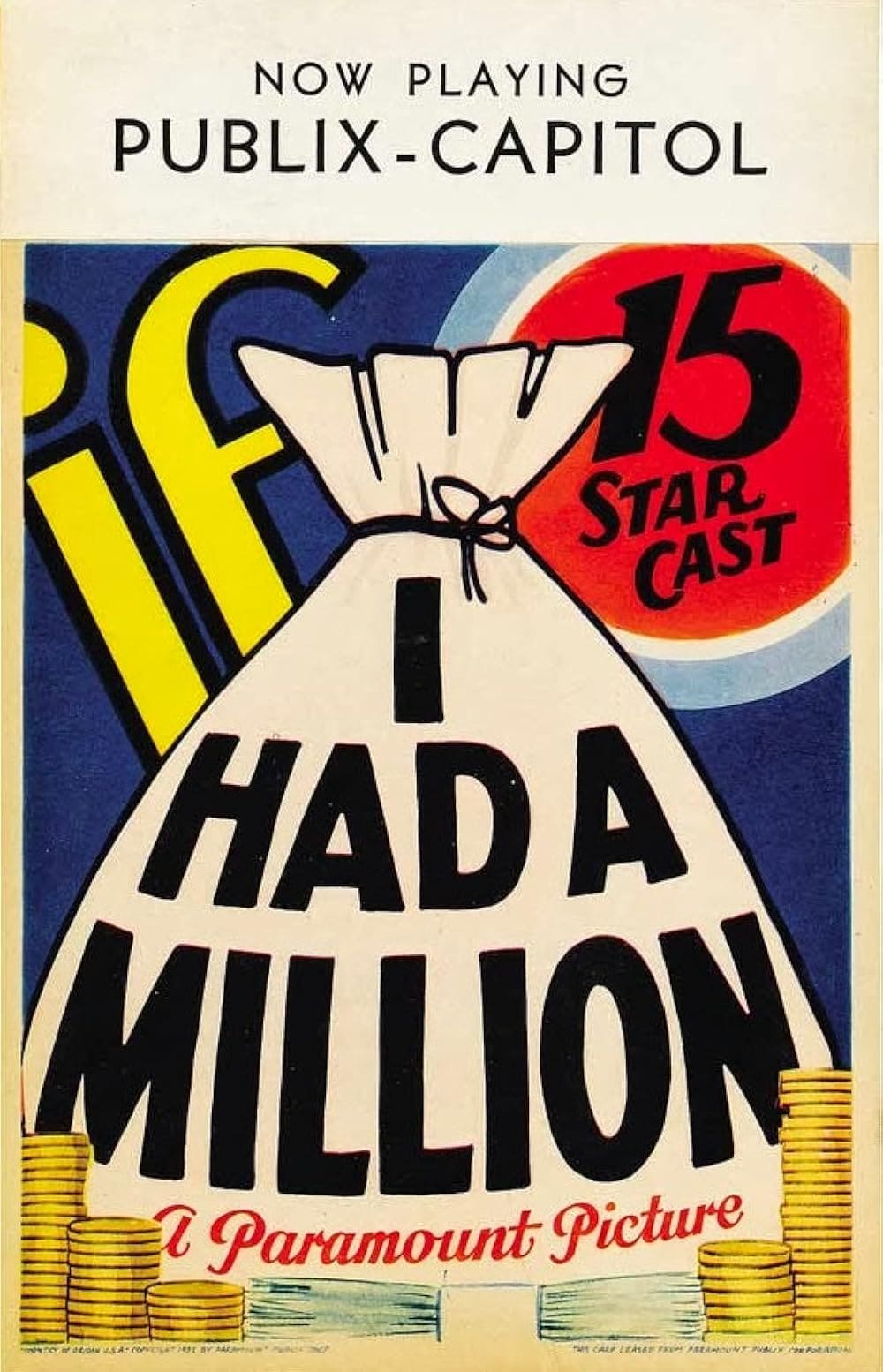 Vintage poster with a money bag and bold text.