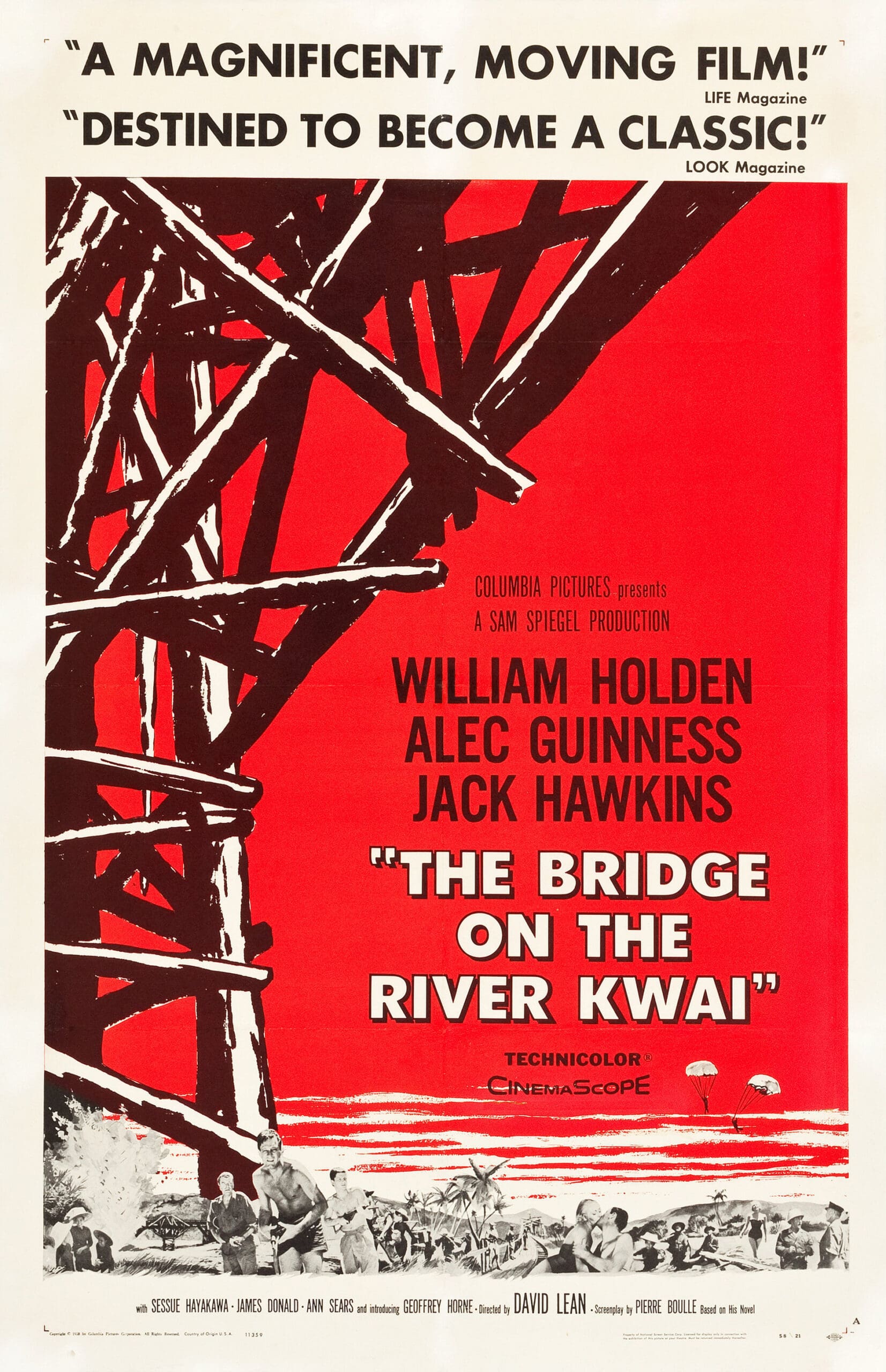 Classic movie poster for 'The Bridge on the River Kwai' featuring bold red and black design.