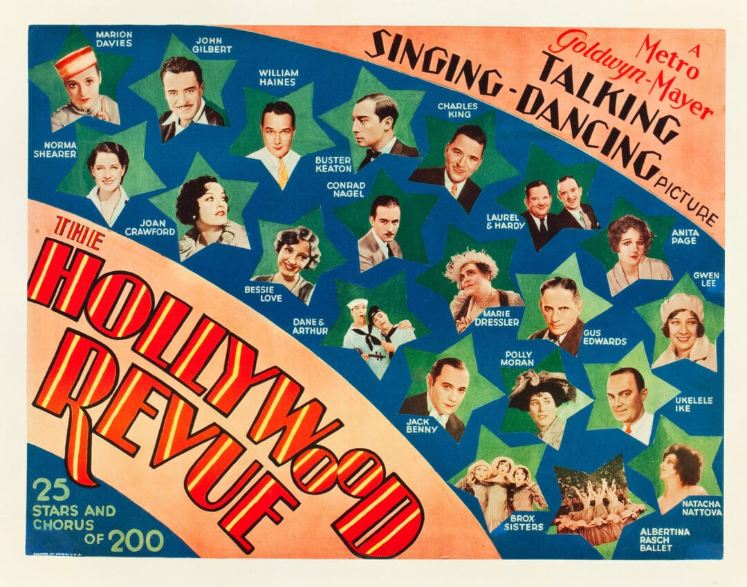 Collage of vintage Hollywood actors with colorful text and graphics.