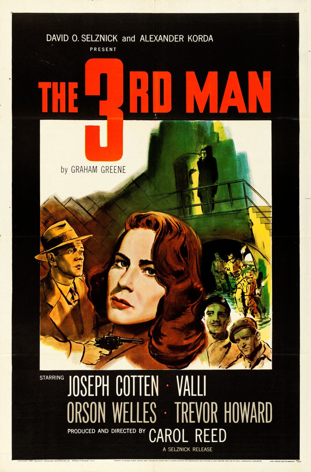 Vintage movie poster for The 3rd Man with dramatic faces and a lighthouse.