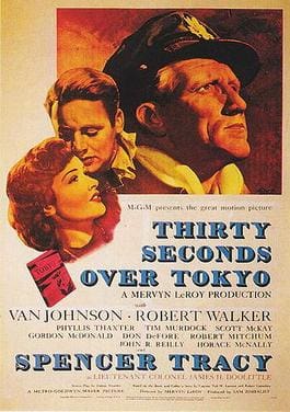 Vintage movie poster for 'Thirty Seconds Over Tokyo' featuring dramatic faces and a plane.