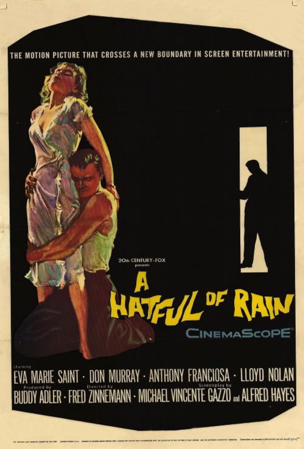 Vintage movie poster for "A Hatful of Rain" showing a woman in a nightgown held by a man.