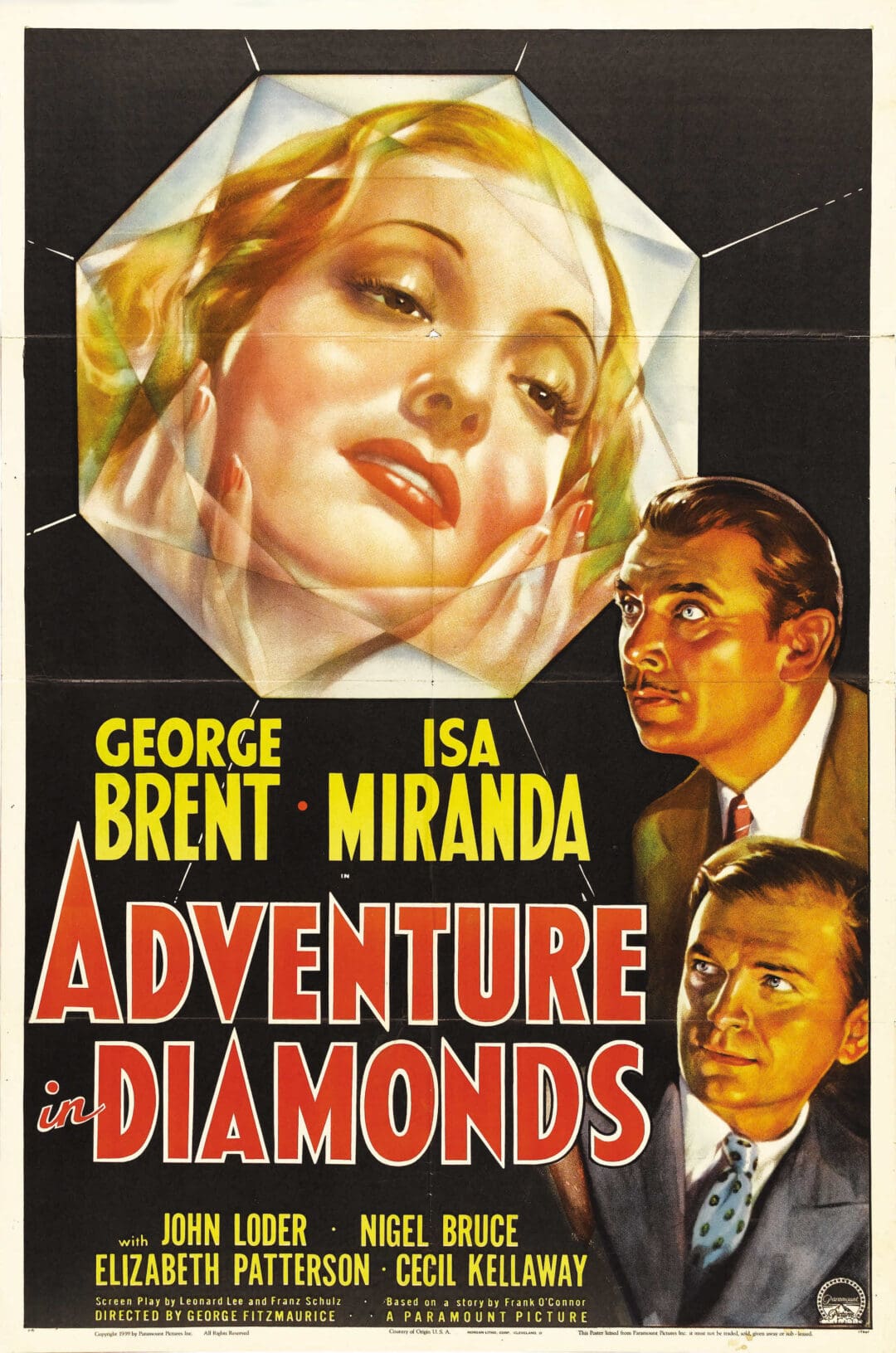 Vintage movie poster featuring George Brent and Isa Miranda in 'Adventure Diamonds'.