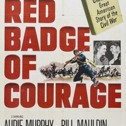 Vintage movie poster for Red Badge of Courage with soldier imagery.