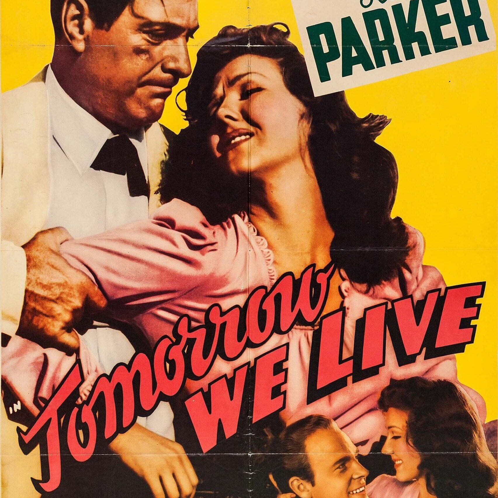 Vintage movie poster featuring a romantic couple in a warm embrace.