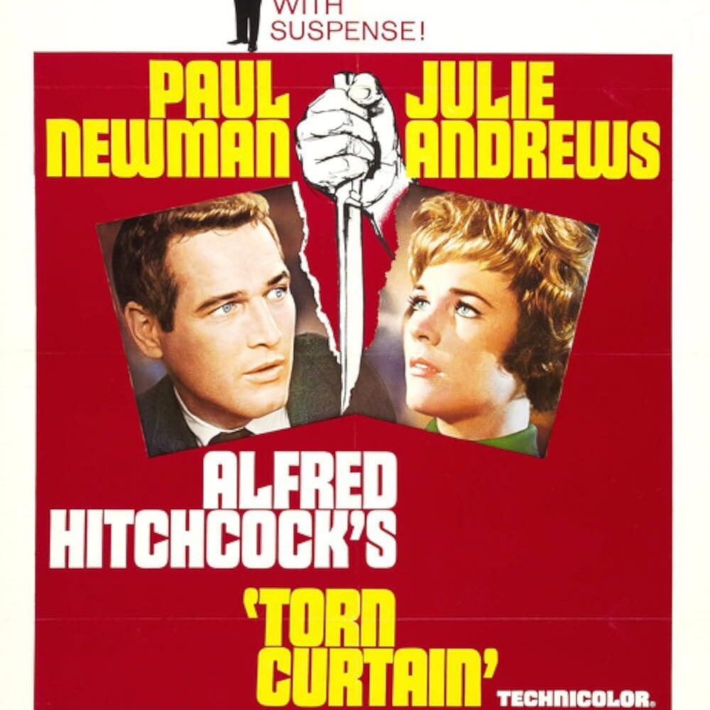 Vintage movie poster for Alfred Hitchcock's "Torn Curtain" featuring Paul Newman and Julie Andrews.